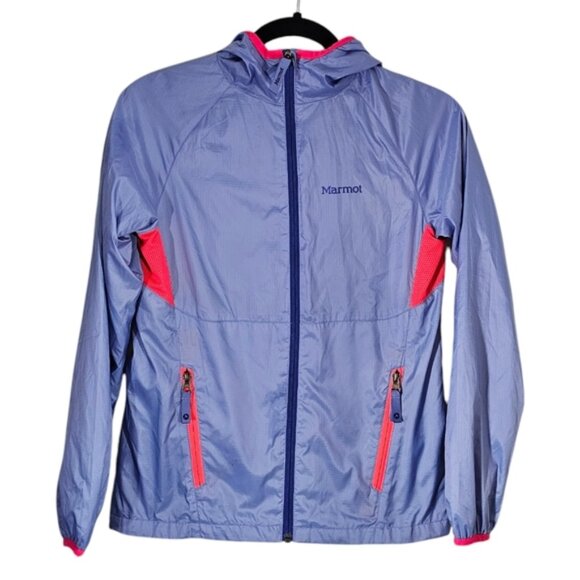Marmot Ether Girls' Hooded Windbreaker Jacket Periwinkle Large - Picture 2 of 10